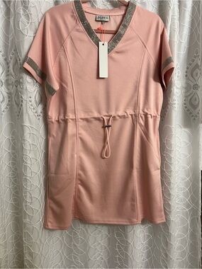 Pink V-Neck Drawstring Women's Dress with Metallic Trim